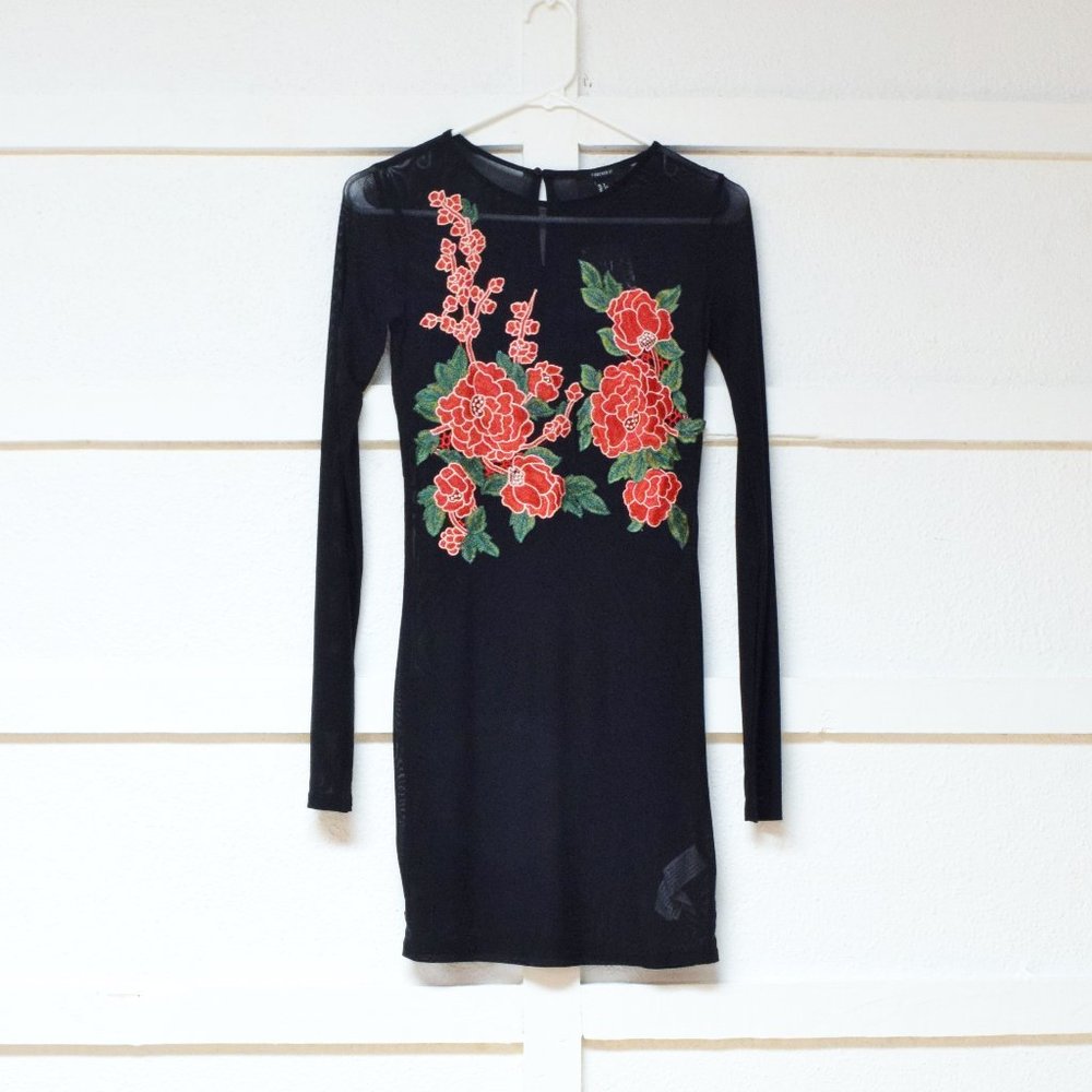 NWT Black Embroidered Rose Floral Sheer Mesh Net Bodycon Mini Dress | Size S